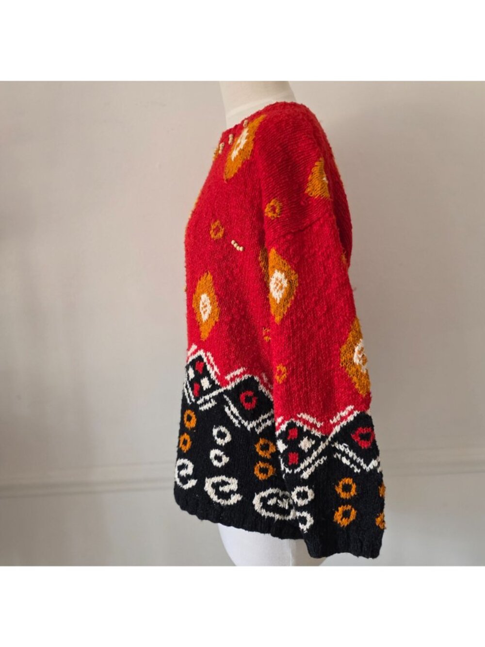 Carole Little Hand Knit Ethnic Geometric Sweater Red Black Orange S - Picture 4 of 6